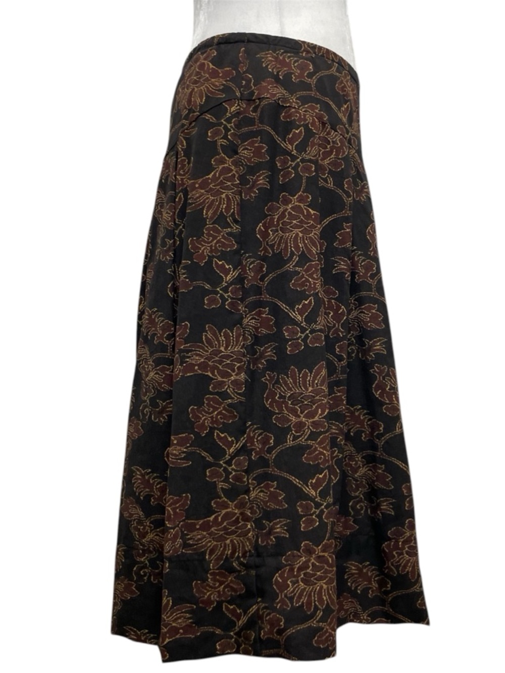 Peruvian Connection Black & Brown Floral Asymmetrical Pleated Midi Skirt - Picture 4 of 11